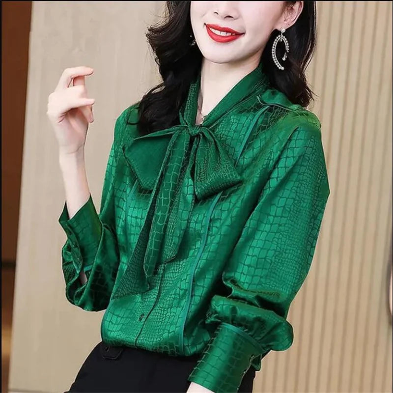 Bow Tie Cardigan Blouses Ladies Shirt Green Check Print Top For Women Long Sleeve Button Up Basice OL Satin Blusas Female Shirt