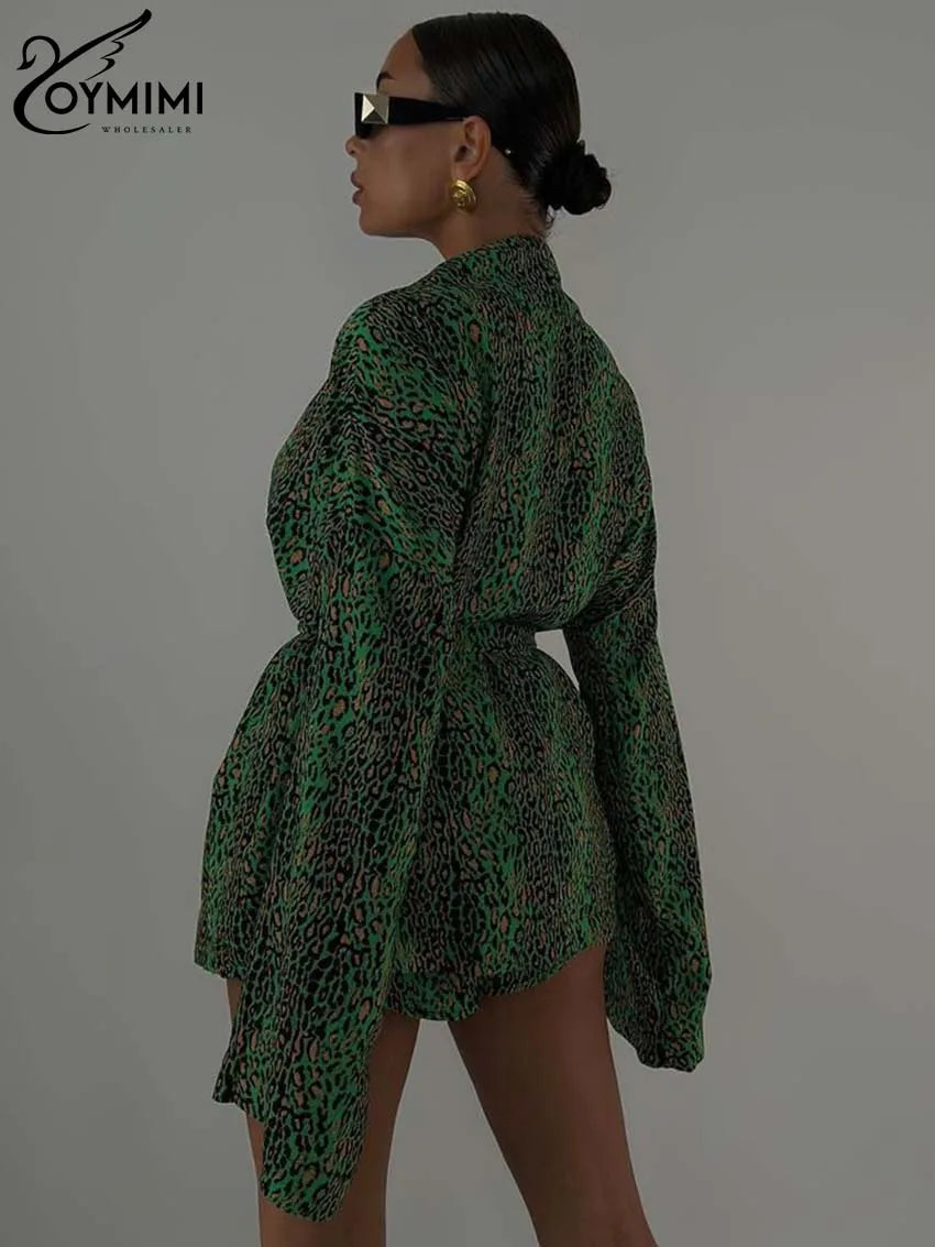 Oymimi Casual Green Leopard Print Two Piece Set For Women Fashion Long Sleeve V-Neck Lace-Up Blouses And High Waisted Shorts Set