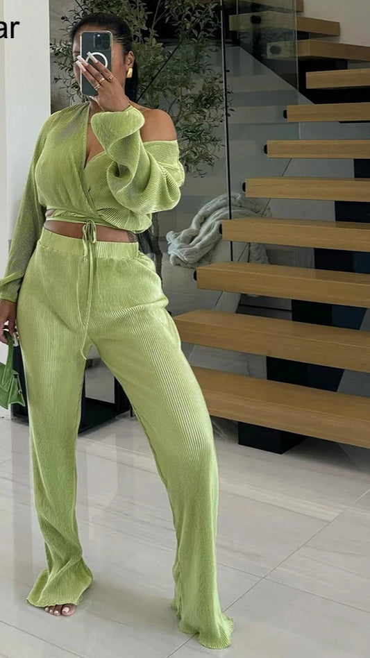 Elegant Autumn Ribbed Pleated Two 2 Pieces Set Women Green V-neck Long Sleeve Crop Tops and Wide Leg Pants Office Lady Outfits