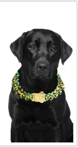 New Dog Collars Bling 13mm Green Stone Diamondd Cuban Chain Cat Necklace Gold Silver Color Pet Jewelry Accessories