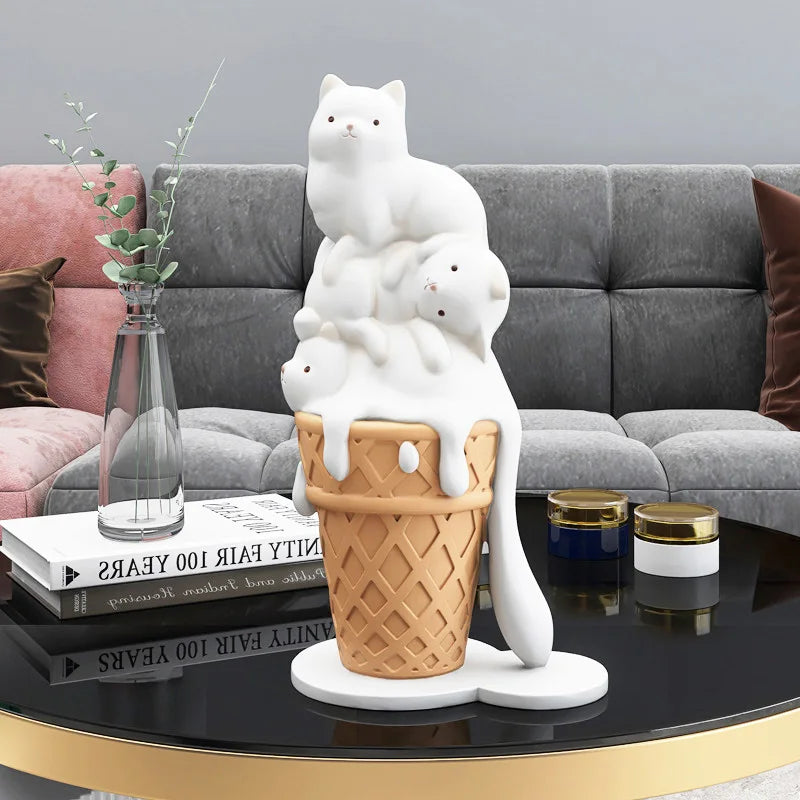 Summer Chic Ice Cream Cat Sculpture,Resin Figurines For Bookcase Shelf,Modern Home Room Decor, Creative Animal Figures,Best Gift