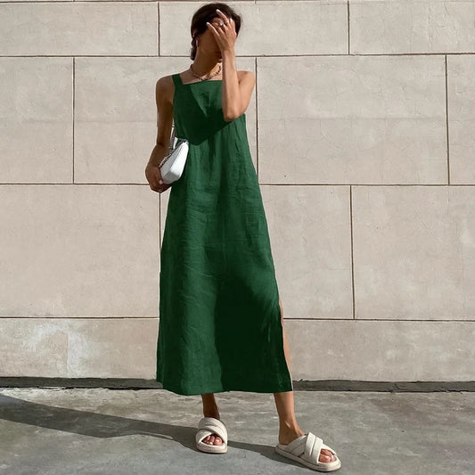 Green Tank Dresses Summer Cotton Linen Sleeveless Straight Split Dress 2023 All-Match Midi Dress Vacation Style Dress Vestidos