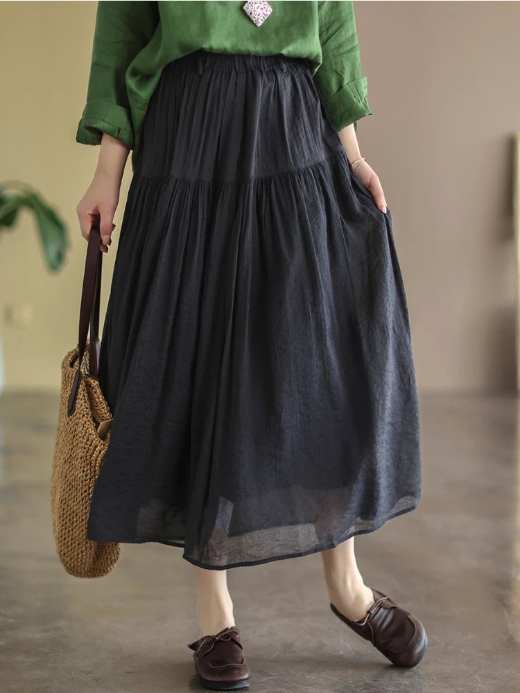 Cotton Linen Women Skirts Harajuku Vintage Fashion Ankle-Length Elastic Waist Green Simple Basic Long Skirt Women Summer