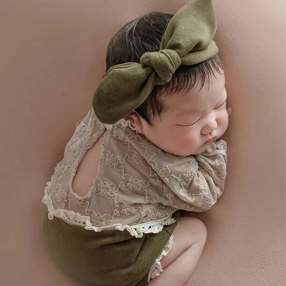 Baby Contrast Color 2 Pieces Set Newborn Green Lace Romper Jumpsuit Rabbit Headband Set Baby Boy Girls Photography Clothing