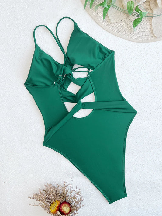 Sexy Green Hollow Out Bikini Solid Color One Piece Swimsuit Women 2024 Cross V-neck Slim Swimwear Summer Beach Vacation Monokini