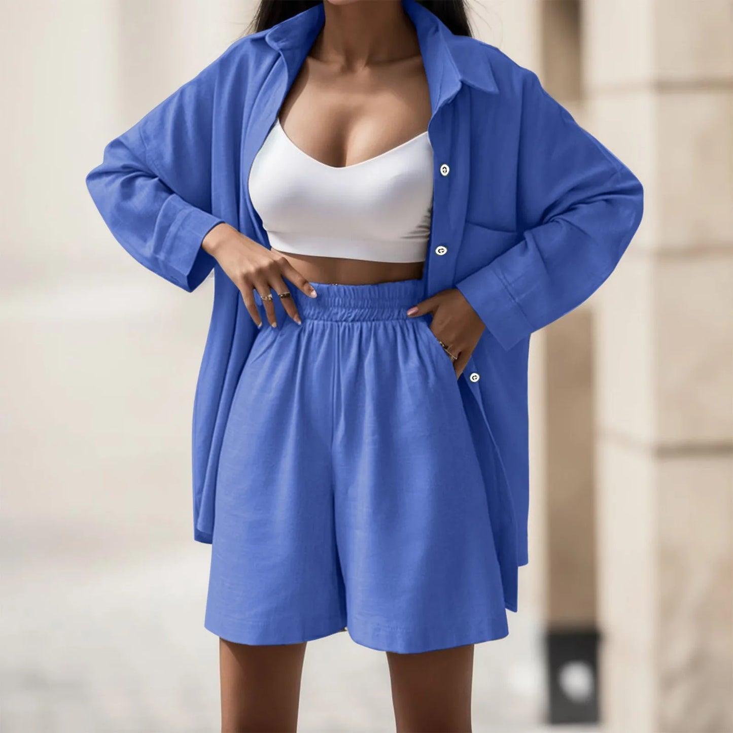 Summer Office High Waist Green Shirt Sets Women Turn Down Collar Long Sleeve Tops And Shorts Suit Cotton Casual Two Piece Sets