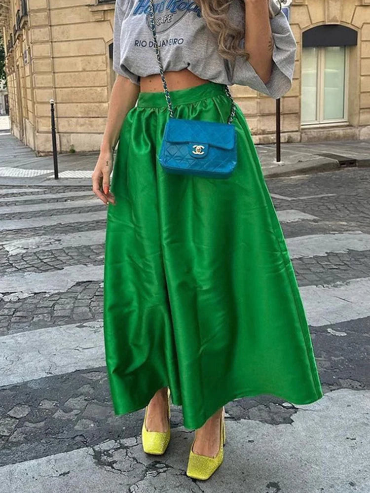 Retro Fashion Satin Effect Green High Waist Loose Half Skirt Women's Summer Simple Versatile A-line Large Swing Umbrella Skirts