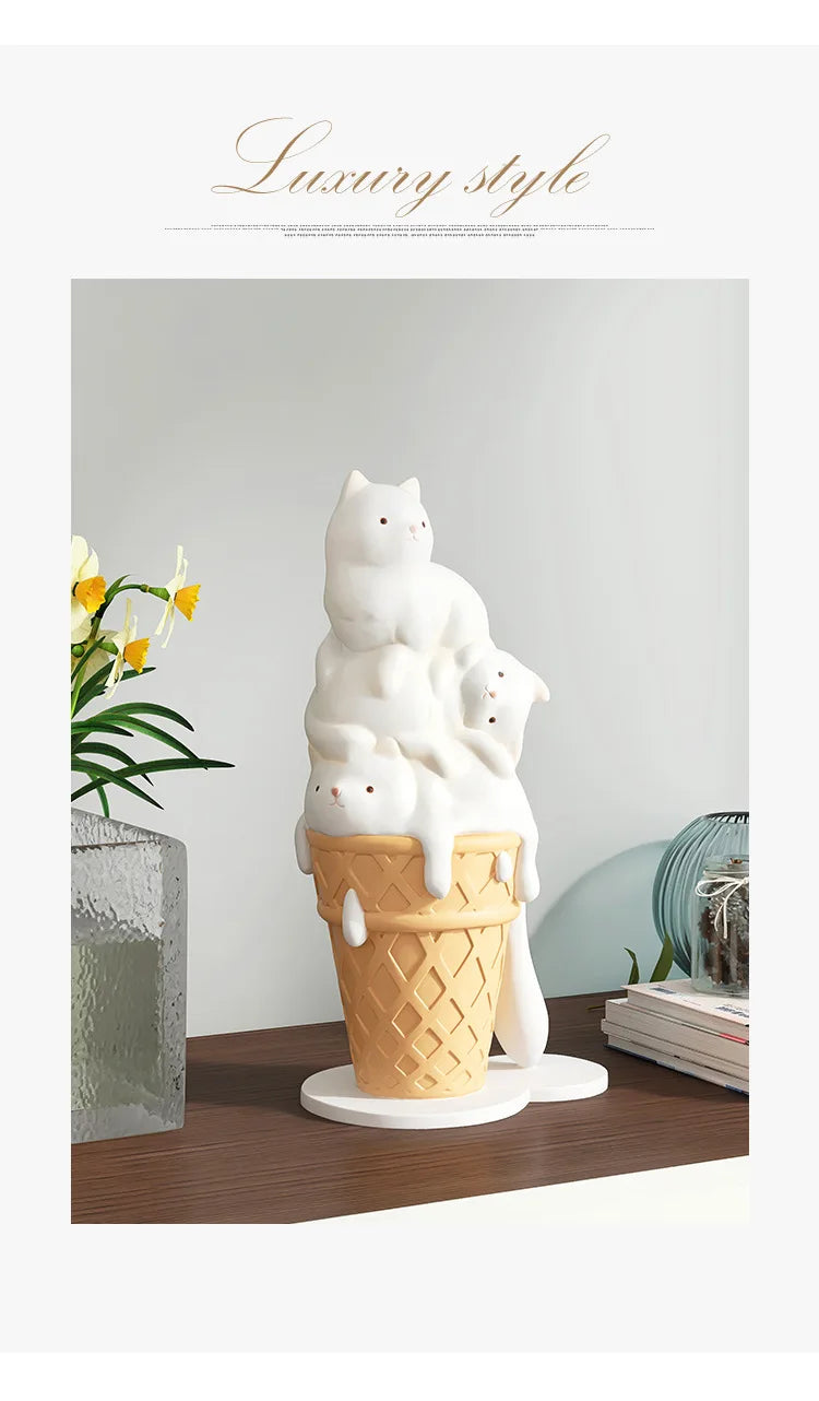 Summer Chic Ice Cream Cat Sculpture,Resin Figurines For Bookcase Shelf,Modern Home Room Decor, Creative Animal Figures,Best Gift