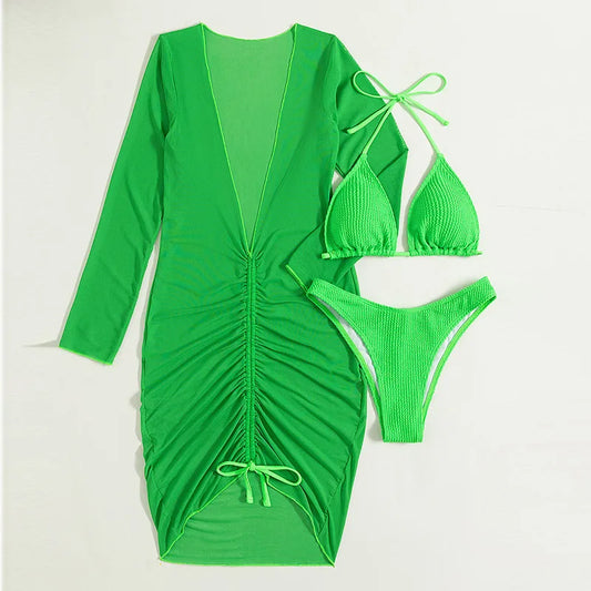 Women Swimsuit Three Pieces Swimwear Green Color