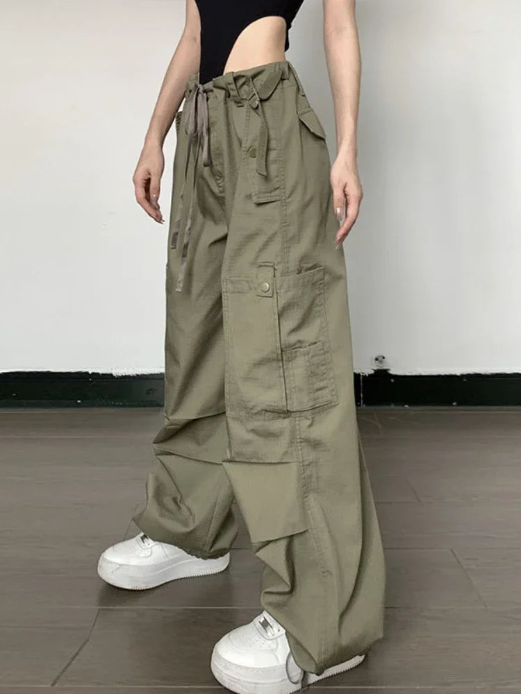 Green Parachute Pants Cargo Women Oversized Y2k Streetwear Hip Hop Wide Leg Trousers Vintage Casual Baggy Joggers Female A226