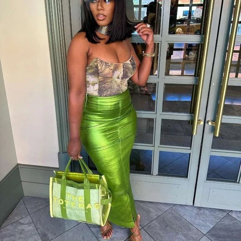 Metallic Green Skirt Y2k Women High Waist Back Slit Maxi Shiny A-line Skirts Zipper Up Summer Streetwear Party Clubwear