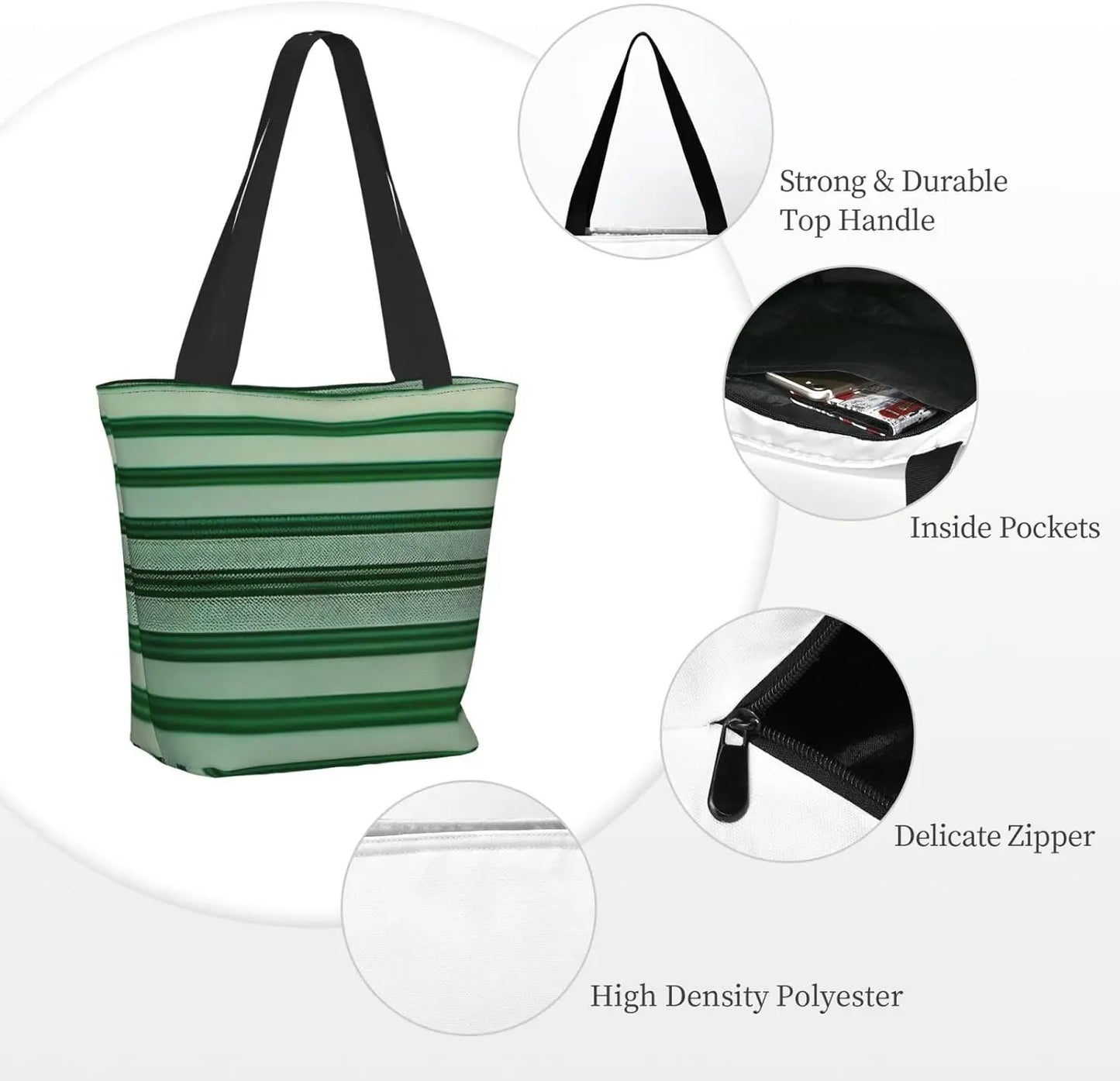 Green Striped Tote Bag with Zipper for Women Inside Mesh Pocket Heavy Duty Casual Anti-water Cloth Shoulder Handbag Outdoors