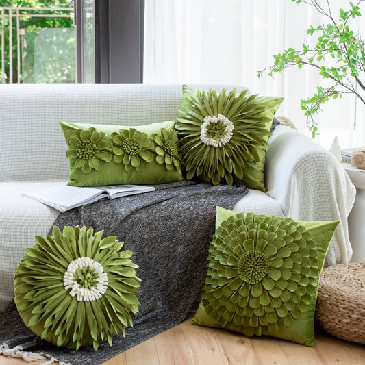 Pure Green Handmade Flower Cushion Cover Round Square Light Luxury Pillow Covers Decorative Home Decorative Pillows for Sofa