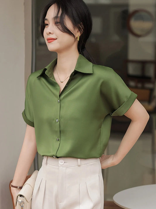 2024 Summer Satin Silky Green Shirts Women Short Sleeve Blouse Shirts Elegant Tops Blusas Femme Office Lady Blouses for Women