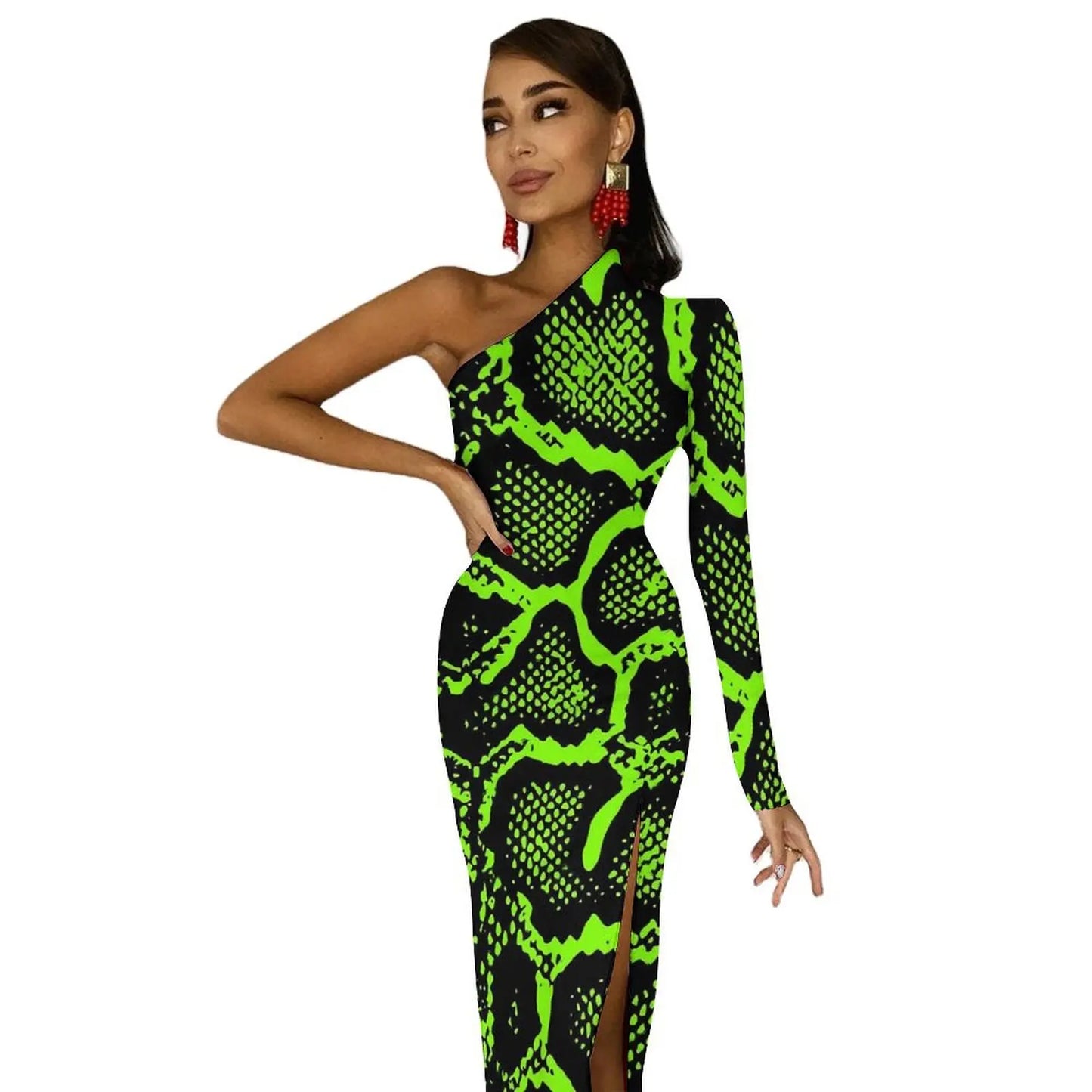 Green Snakeskin Bodycon Dress Ladies Python Skin Print Club Maxi Dress One Shoulder Party Design Dresses Birthday Gift