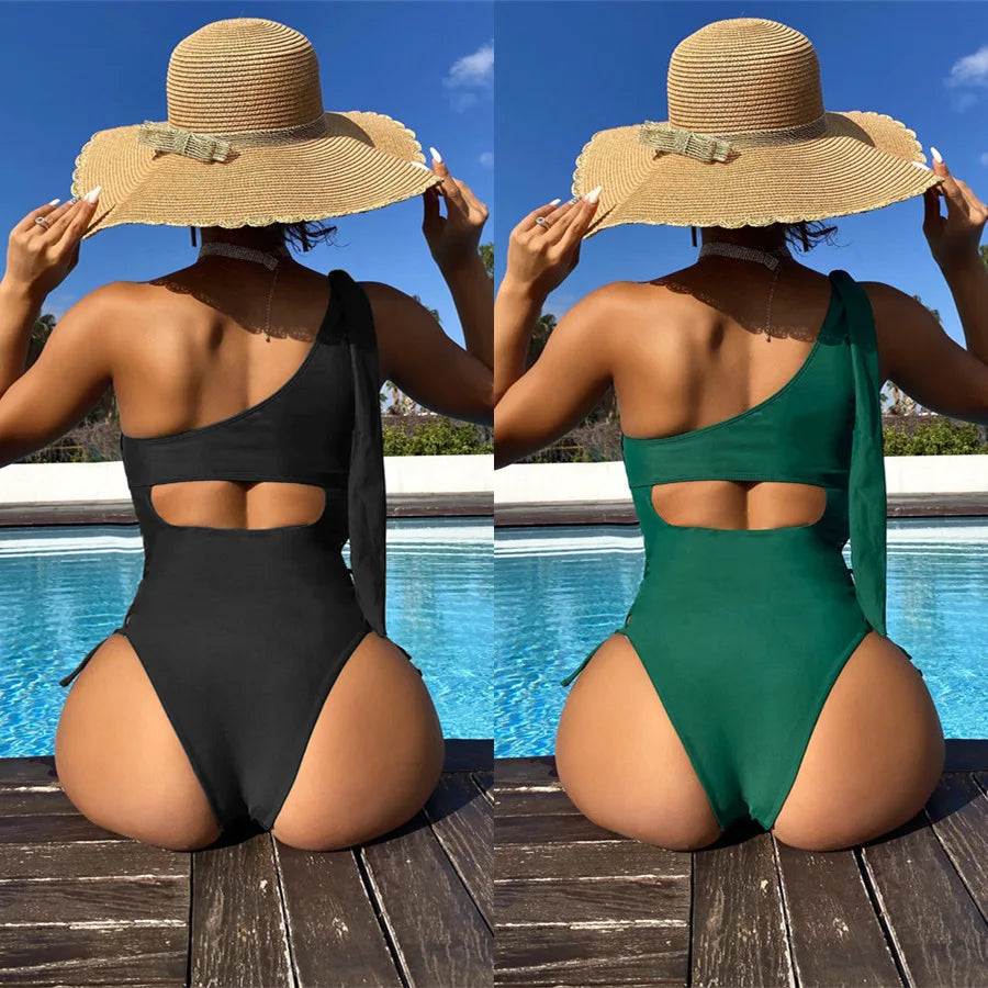 Fashion Women Bikini One-Piece Solid Color Green Strap Swimsuit Backless Sexy One-Shoulder Hot Spring Swimwear