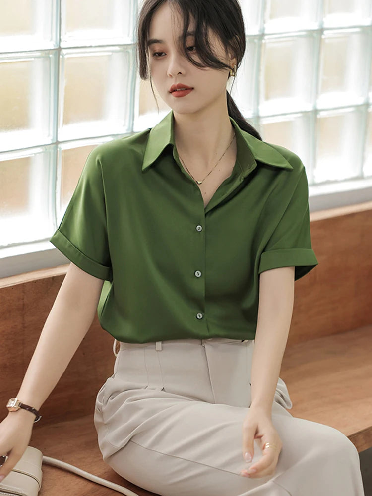 2024 Summer Satin Silky Green Shirts Women Short Sleeve Blouse Shirts Elegant Tops Blusas Femme Office Lady Blouses for Women