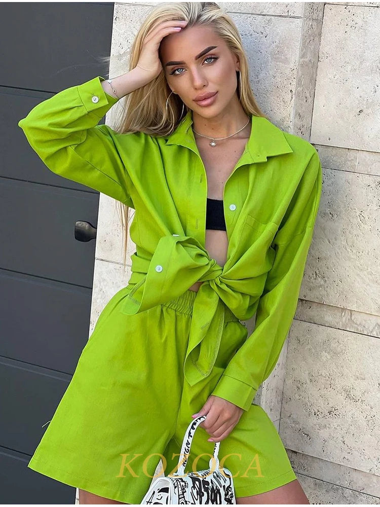 Summer Two Piece Set Women Shorts Suit Green Lapel Long Sleeve Shirts Sets Female Elegant Casual High Waist Pants Lady Outfits