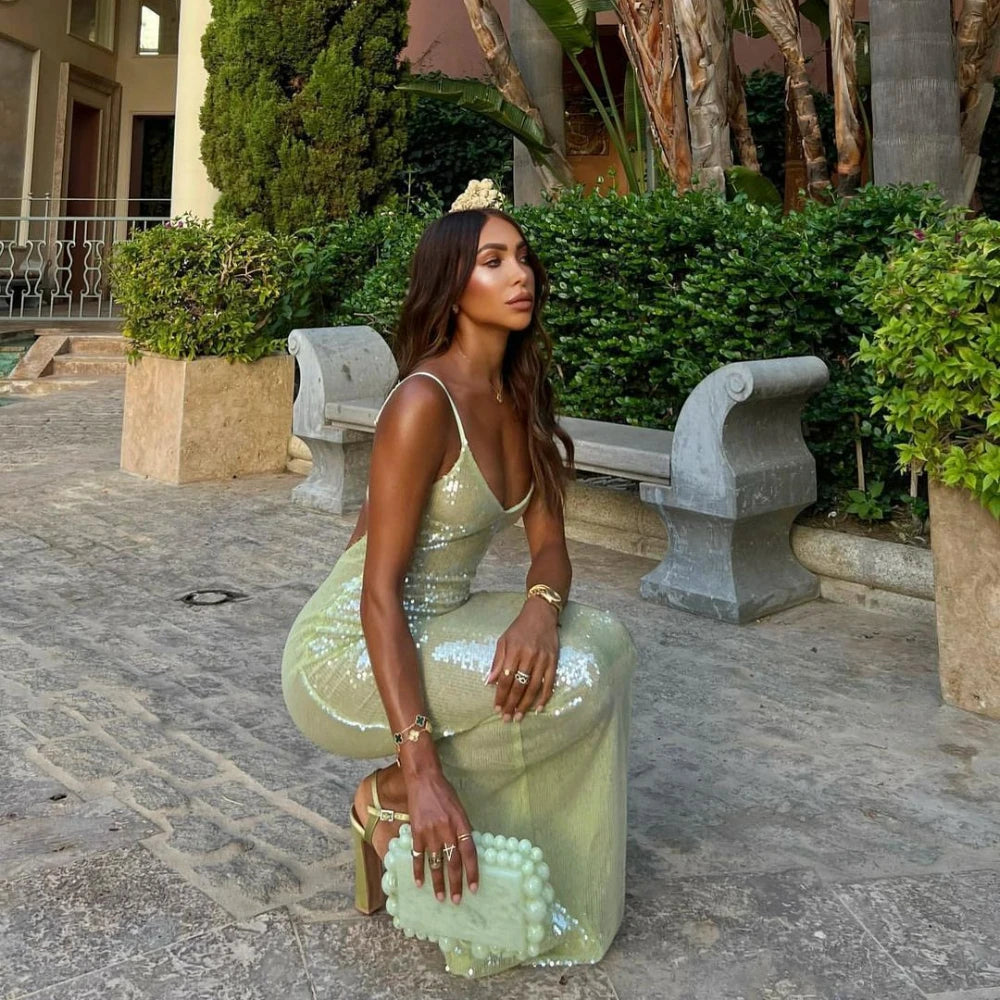 Green Sequins Long Dress Women Sexy Backless Slim Evening Party Dresses Summer Fashion Spaghetti Strap Holiday Beach Dress 2024