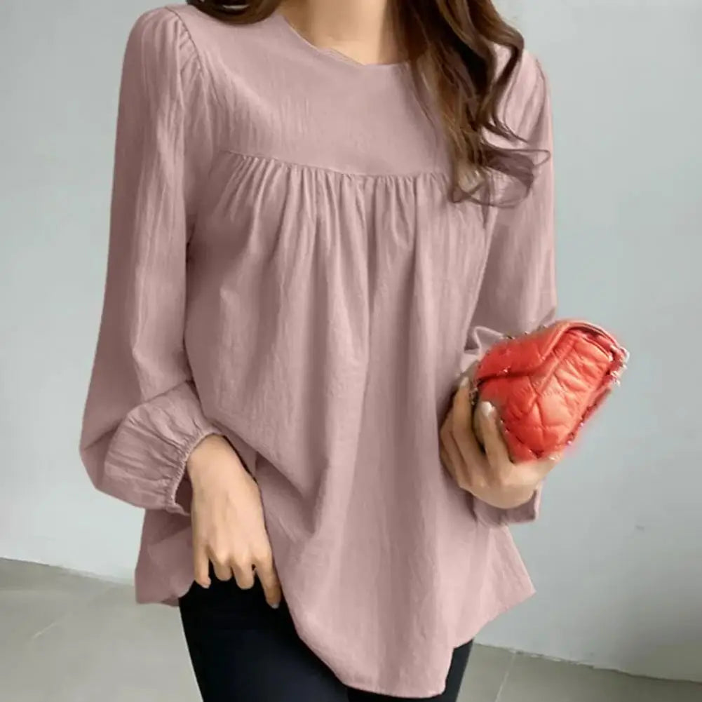 Elegant Women Spring Summer Casual Shirt O-Neck Lantern Long Sleeve Pullover Tops Solid Color Loose Shirt Green