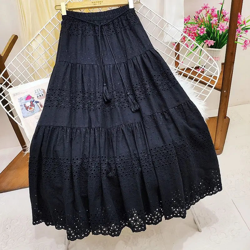 Long Skirts For Women Korean Style Women's Clothing Green White Black Midi Skirts 2024 New Summer Skirt A Line Lace Loose Skirts