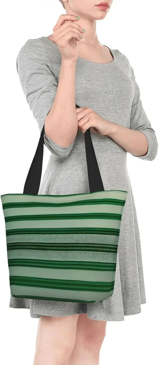 Green Striped Tote Bag with Zipper for Women Inside Mesh Pocket Heavy Duty Casual Anti-water Cloth Shoulder Handbag Outdoors