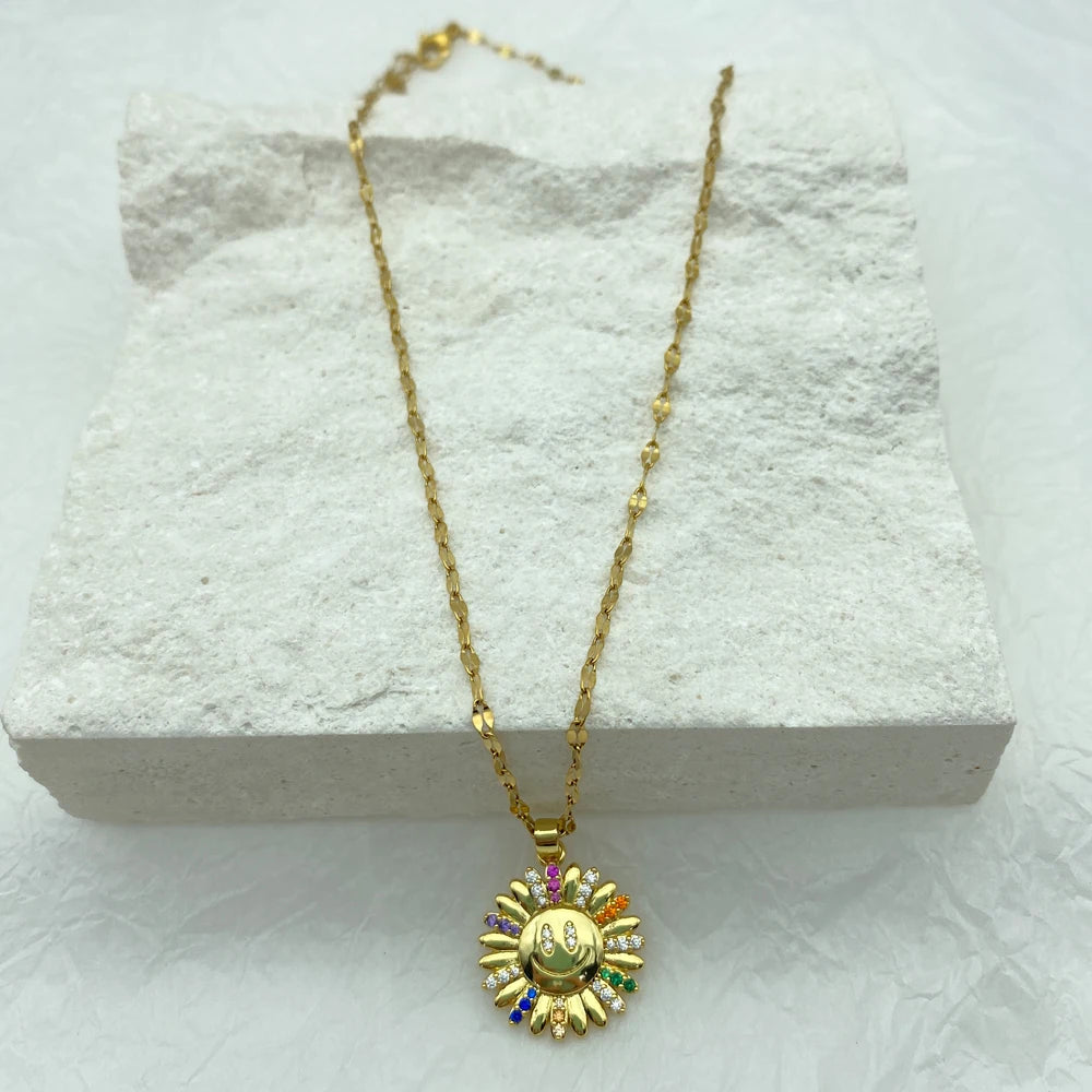 Big Sunflower With Colorful Zircons Pendant Stainless Steel Necklace For Women fashion Jewerly New In Accessories Luxury Design