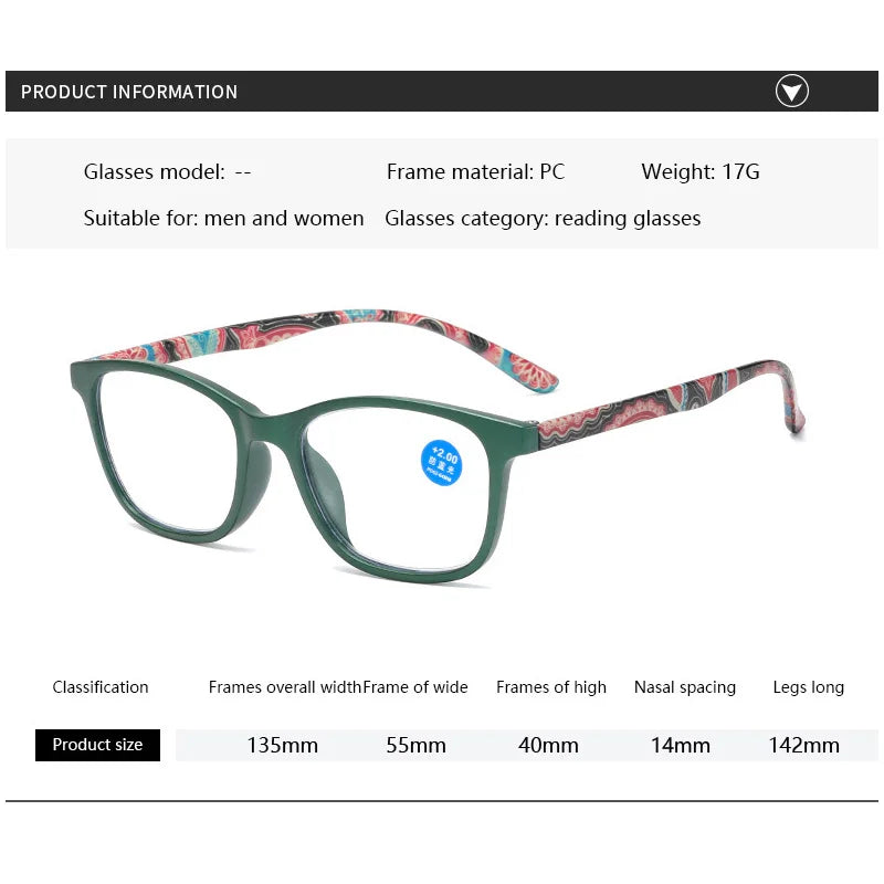 Square Plastic Hinge Floral Printed Anti Blue Light Reading Glasses Women Presbyopic Glasses with Cases +0.5 +0.75 to 4.0