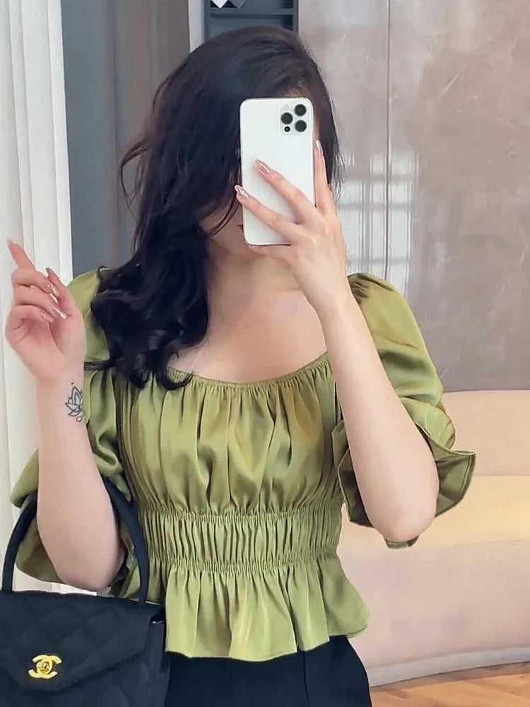 Green Slim Fit Elastic Waist Shirt Women's New Satin Square Neck Bubble Sleeve Mid Sleeve Versatile Short Top Ropa De Mujer