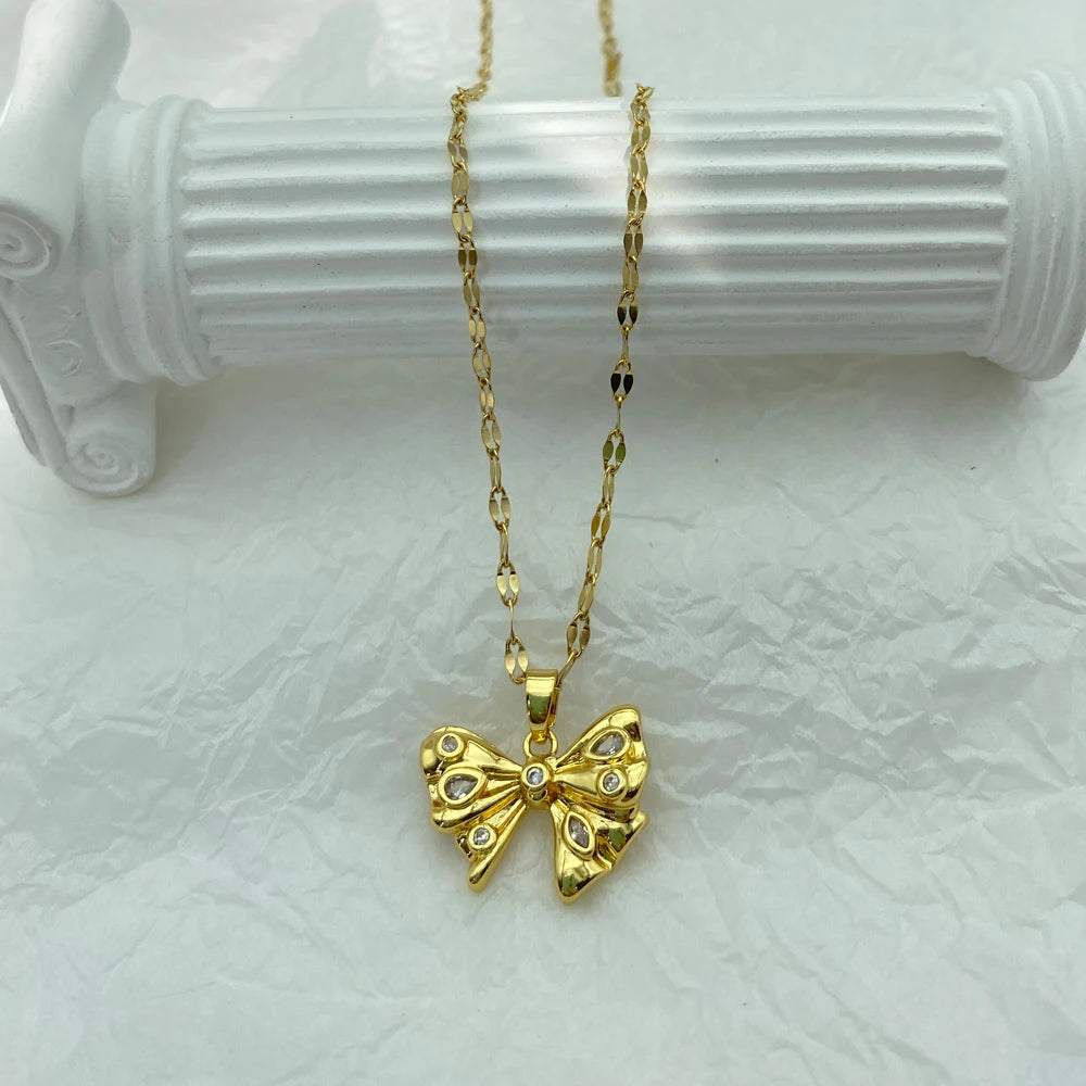 Gold Plated Butterfly Bowknot Pendant Stainless Steel Necklace For Women Gfit Jewerly New In Necklace Accessories Luxury Design