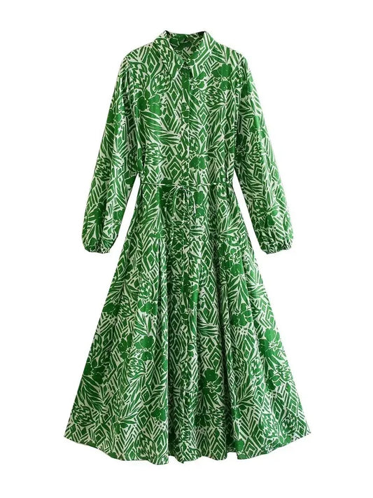 Green Print Long Dress Women Pleated Shirt Dress Woman Long Sleeve Maxi Dresses for Women 2023 Summer Collar Female Dress