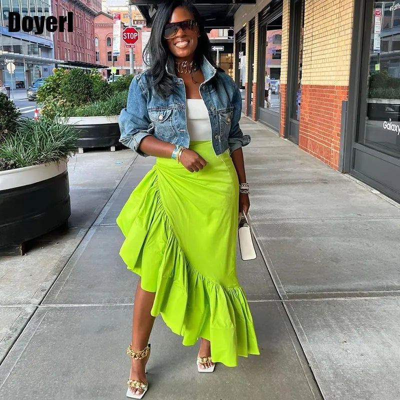 Irregular Ruffle Skirt Women 2022 Elegant Long Skirt Autumn Luxury Designer y2k Streetwear Green High Waist Pleated Maxi Skirt