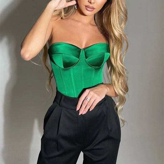 Strapless Tube Satin Crop Top 2024 Summer Corset Green Sexy Camis Y2K Sleeveless Black Fashion Women Tank Tops Solid Bustier