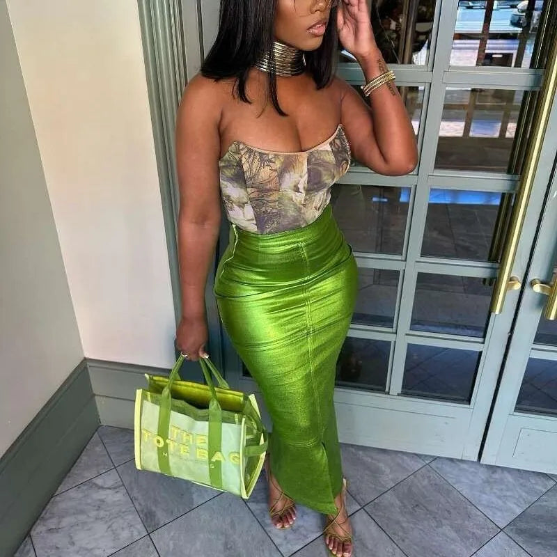 Metallic Green Skirt Y2k Women High Waist Back Slit Maxi Shiny A-line Skirts Zipper Up Summer Streetwear Party Clubwear