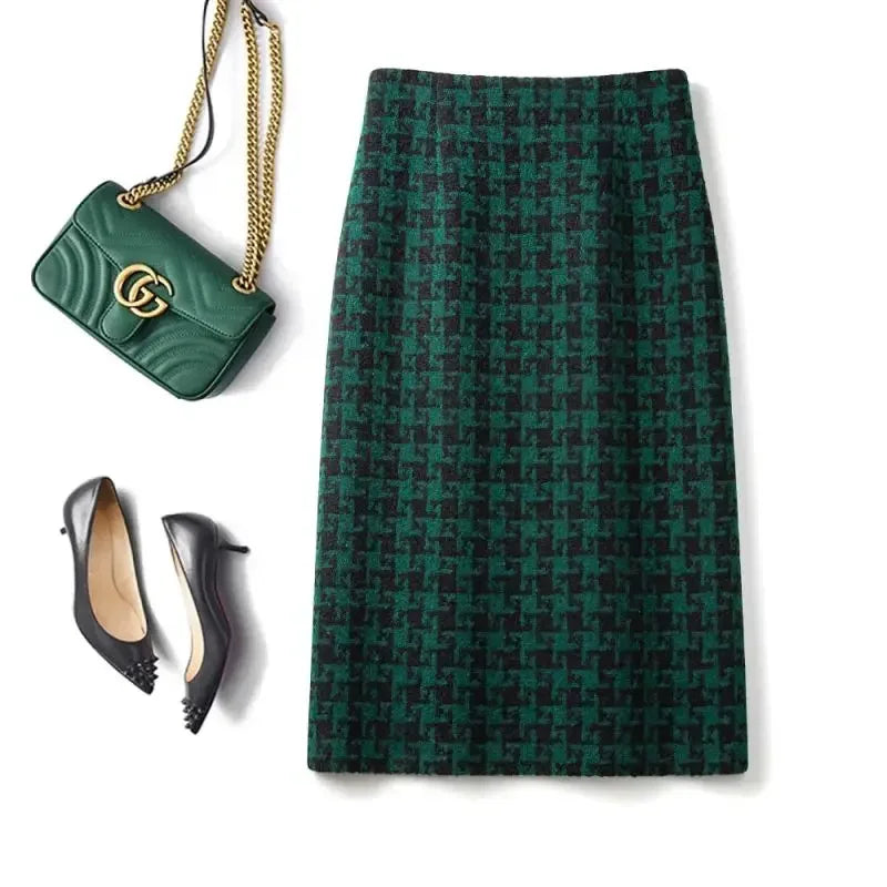 Dark Green Houndstooth Woolen High Waist Straight Women's Skirt Fashion Vintage Knee-Length Skirts For Women 2024 Spring C195