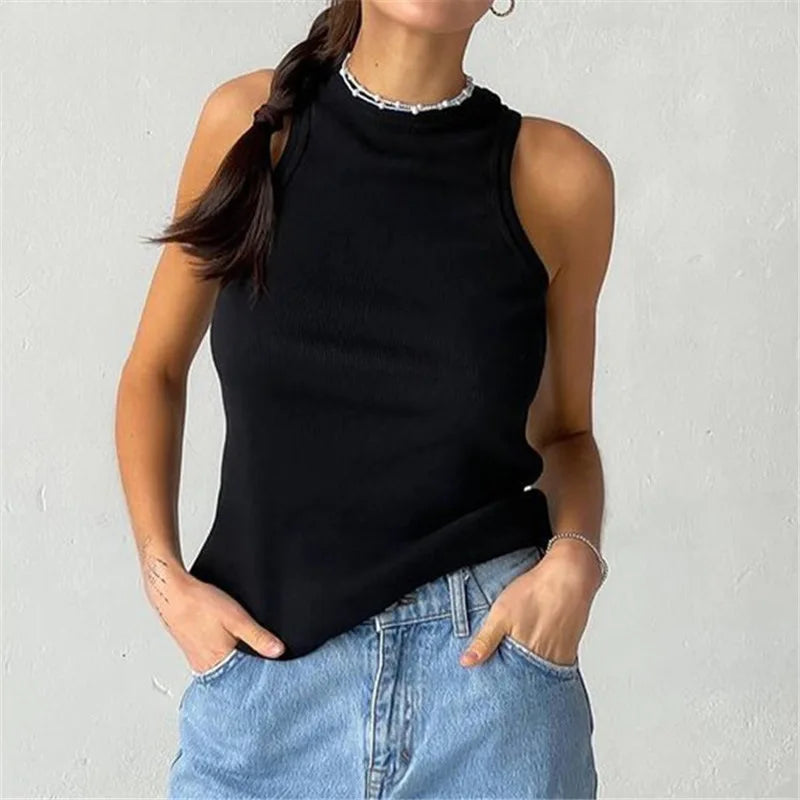 Ribbed Knitted Tops Neck Summer Basic Shirts White Black Casual Sport Vest Off Shoulder Green Women's Tank Top