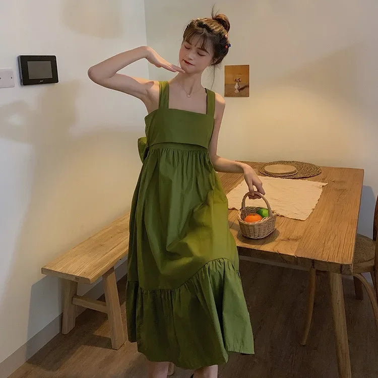 Fashion Green Dresses Summer Sling Sweet Kawaii Dress Backless Bow Tie Lace Up Long Robe Clothe Women Korean Vestiods