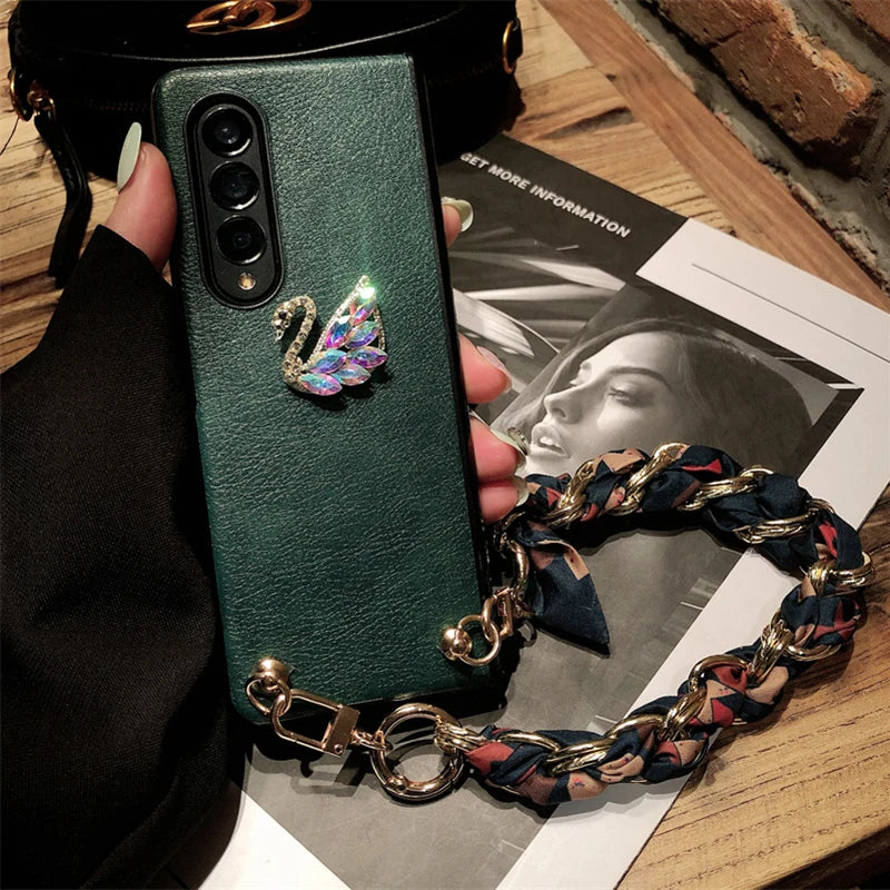 3D Colorful Crystal Swan Phone Case for Samsung Galaxy Z Fold 6 5 4 3 Green PU Leather Cover with Portable Chain, Silk Scarves