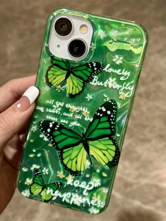 Stylish Illusory Color Ripple Beautiful Green Butterfly Flower Letter Phone Cover Case For iPhone 15 14 13 12 11 Pro Max