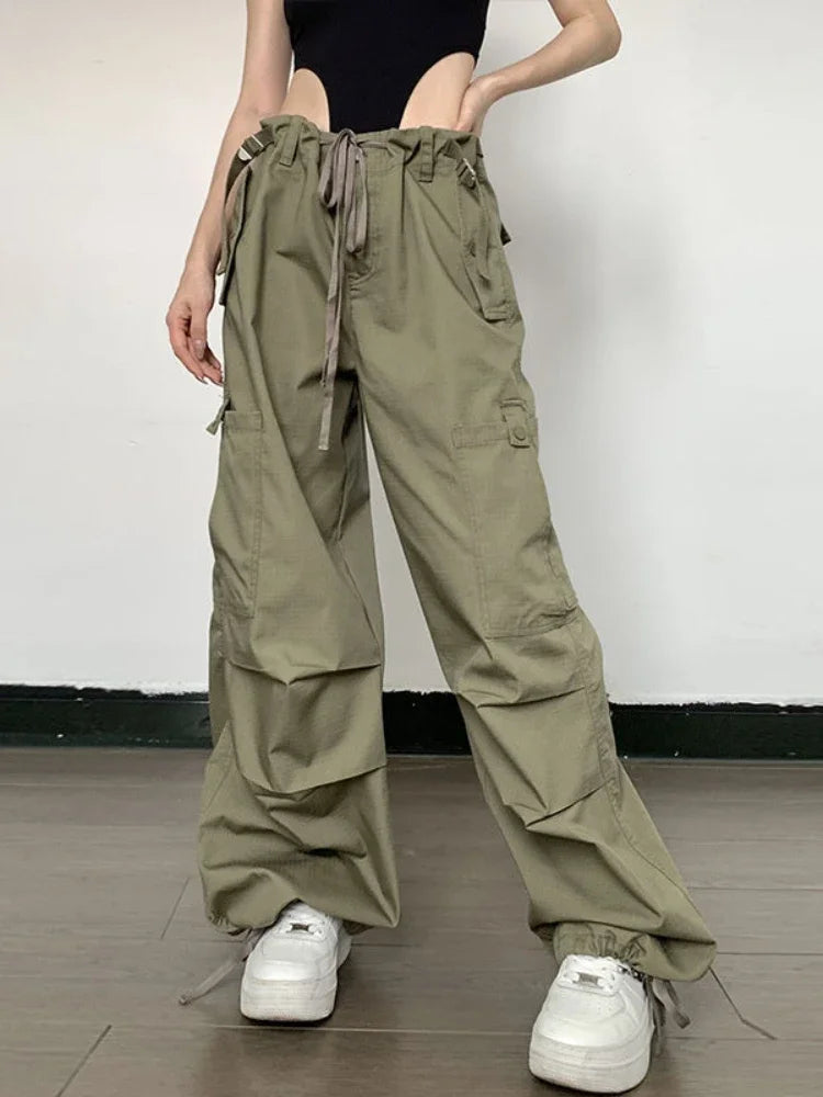 Green Parachute Pants Cargo Women Oversized Y2k Streetwear Hip Hop Wide Leg Trousers Vintage Casual Baggy Joggers Female A226