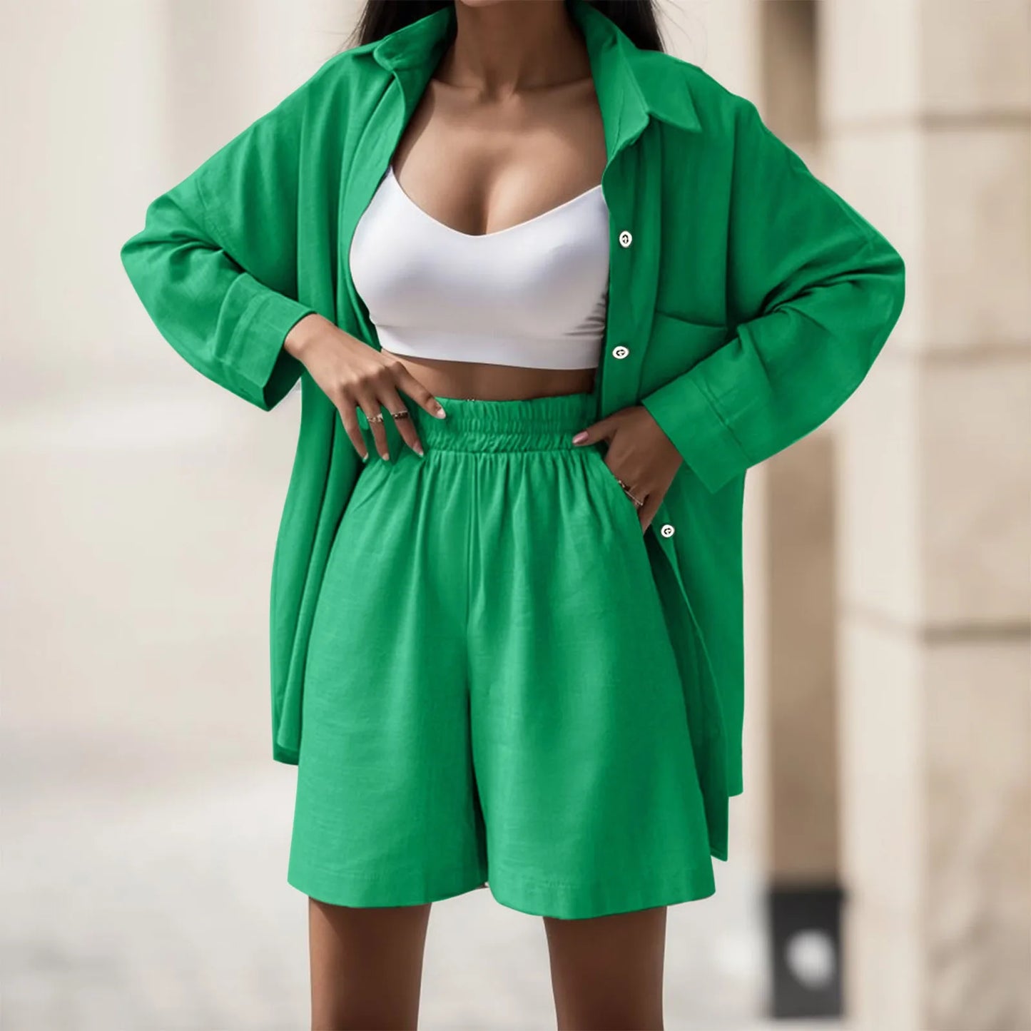 Summer Office High Waist Green Shirt Sets Women Turn Down Collar Long Sleeve Tops And Shorts Suit Cotton Casual Two Piece Sets