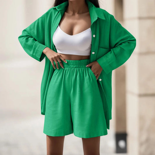 Summer Office High Waist Green Shirt Sets Women Turn Down Collar Long Sleeve Tops And Shorts Suit Cotton Casual Two Piece Sets