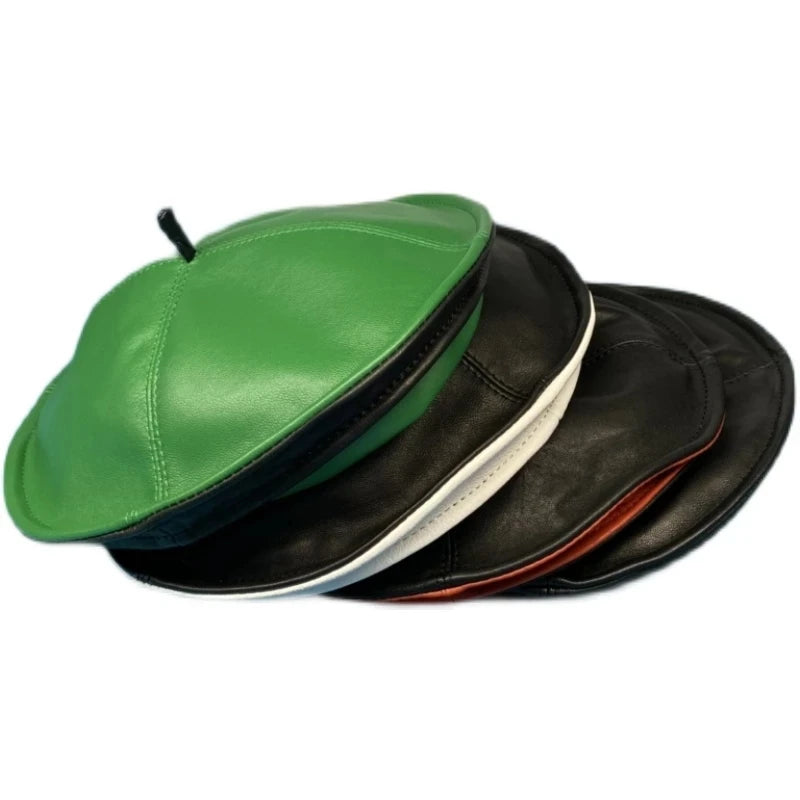 Spring/Winter 100% Real Leather Beret Hat Women Fashion European  Painter Caps Female Rainbow Color Green