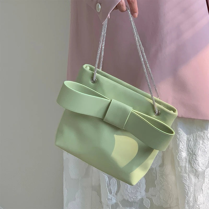 Handbag  Light Green PU Bow Bucket Bag European American Fashion Chain Single Shoulder Crossbody Bag