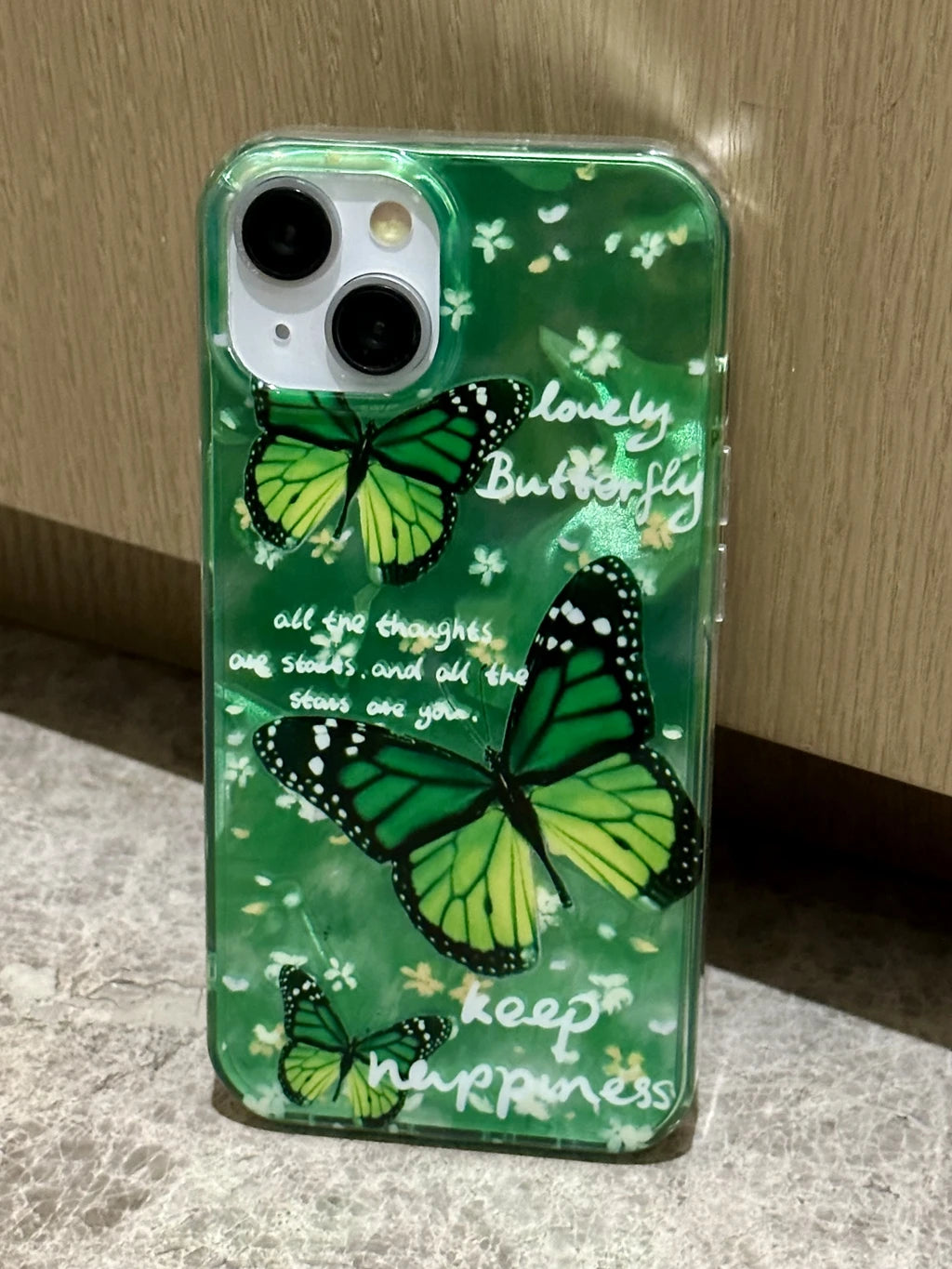 Stylish Illusory Color Ripple Beautiful Green Butterfly Flower Letter Phone Cover Case For iPhone 15 14 13 12 11 Pro Max