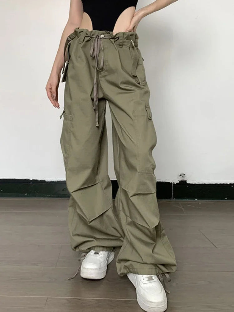 Green Parachute Pants Cargo Women Oversized Y2k Streetwear Hip Hop Wide Leg Trousers Vintage Casual Baggy Joggers Female A226