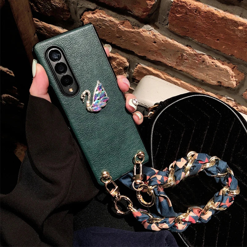 3D Colorful Crystal Swan Phone Case for Samsung Galaxy Z Fold 6 5 4 3 Green PU Leather Cover with Portable Chain, Silk Scarves