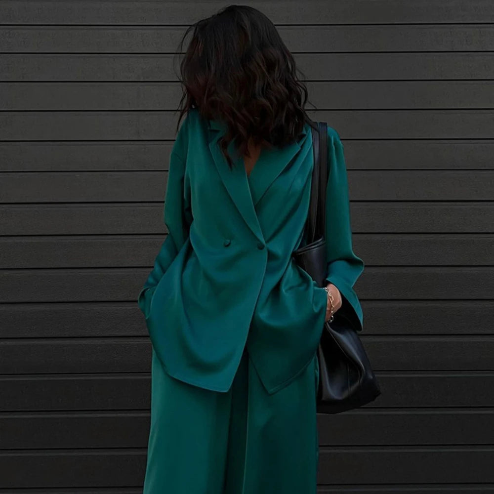 Fashion Long Sleeve Blazer Two Piece Sets Women Outifits Casual Loose Office Pants Set Elegant Green Satin Trouser Suits