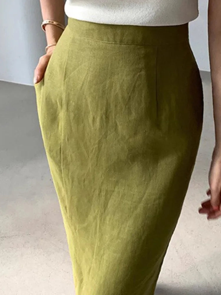 Temperament Versatile Solid Color Green High Waist Buttocks Wrapped Long Skirt For Women 2024 Summer slim skirts