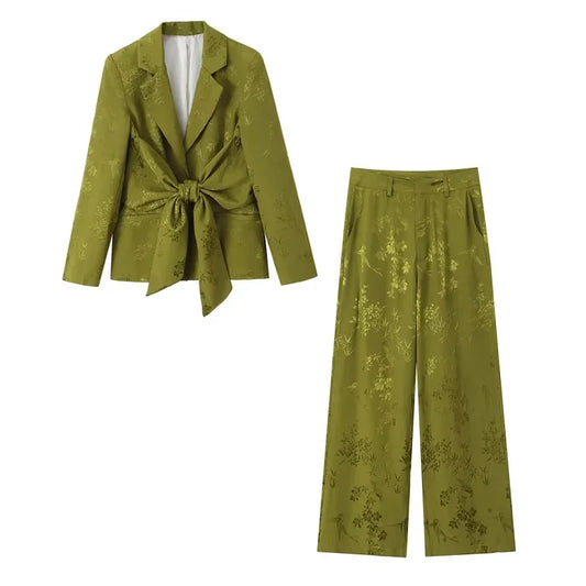 TRAF Green Floral Two Piece Set Butterfly Lace-Up Women Blazer And Loose Pocket Lady Trouser 2024 Spring Fashion Office Lady Set